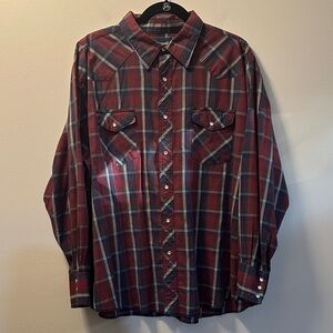 Wrangler Men’s Red/Green/Blue Plaid Long Sleeve Pearl Snap Western Shirt Sz 2XL